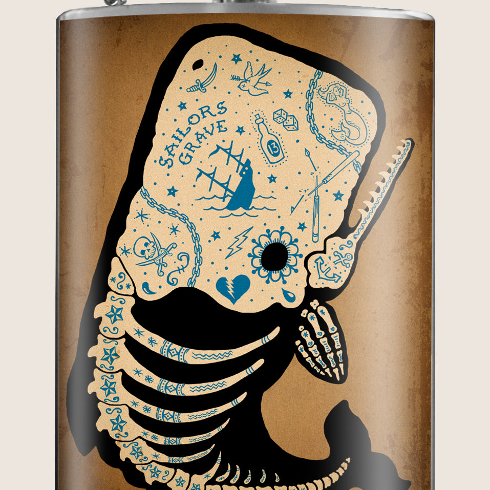 8 oz. Hip Flask: Tattooed Whale Kick off every holiday or party with confidence. Cool stylish stainless steel drinking flask. Designed for durability and aesthetic appeal.