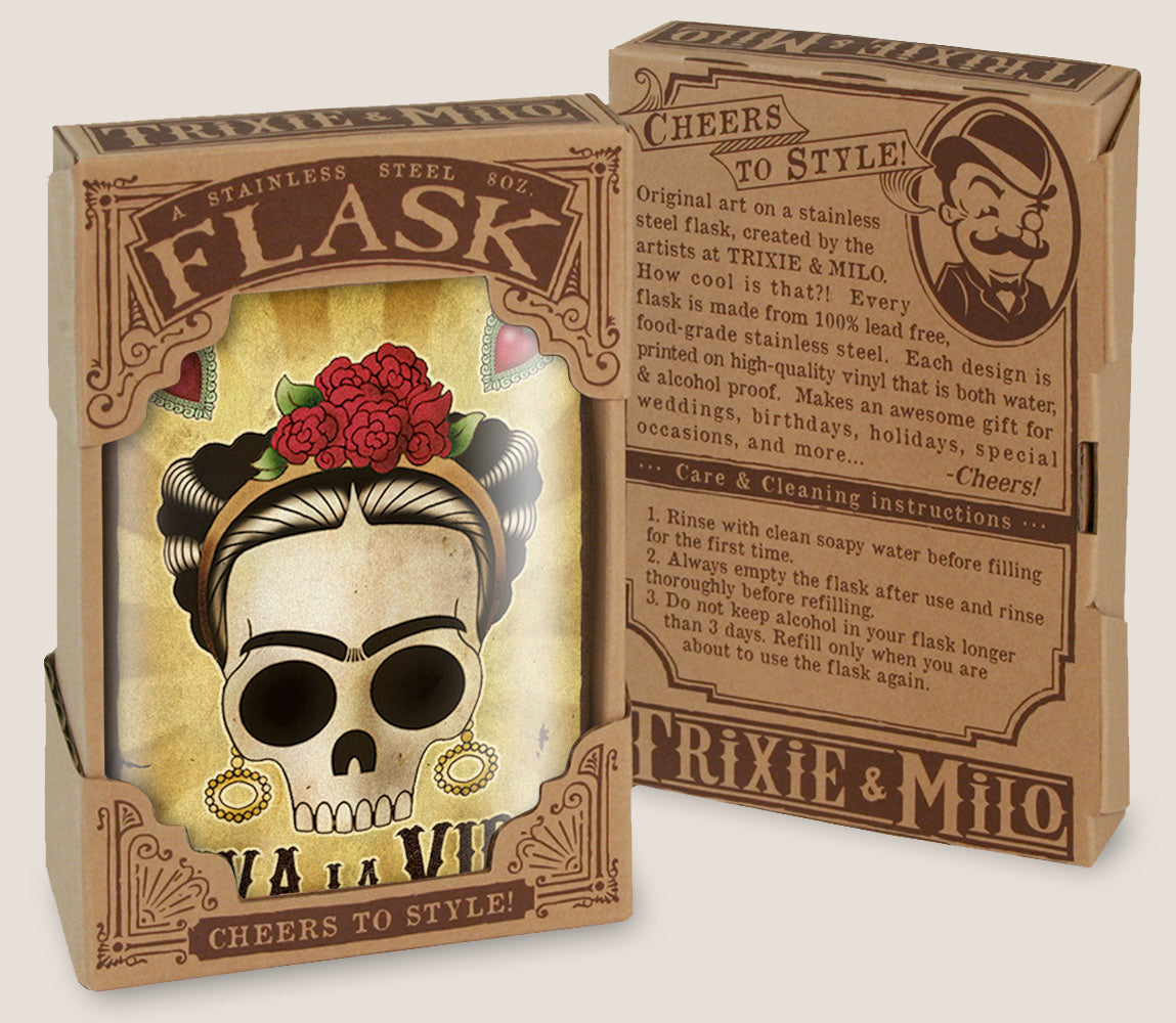 8 oz. Hip Flask: Viva La Vida (Frida Kahlo skull) Kick off every holiday or party with confidence. Cool stylish stainless steel drinking flask. Designed for durability and aesthetic appeal in gift box