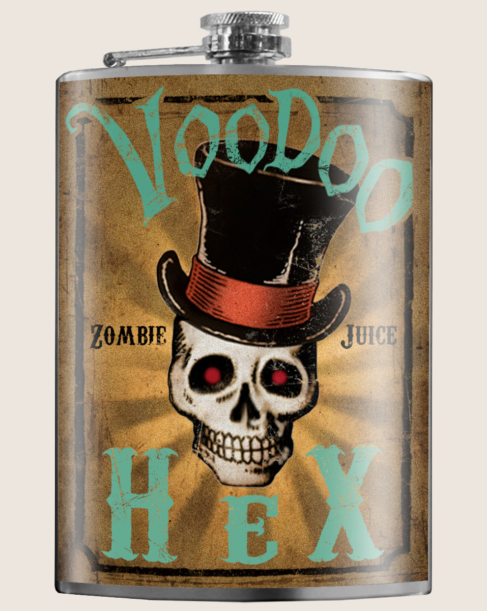8 oz. Hip Flask: Voodoo Hex (Zombie Juice) Kick off every Halloween or spooky party with confidence. Cool stylish stainless steel drinking flask. Designed for durability and aesthetic appeal.