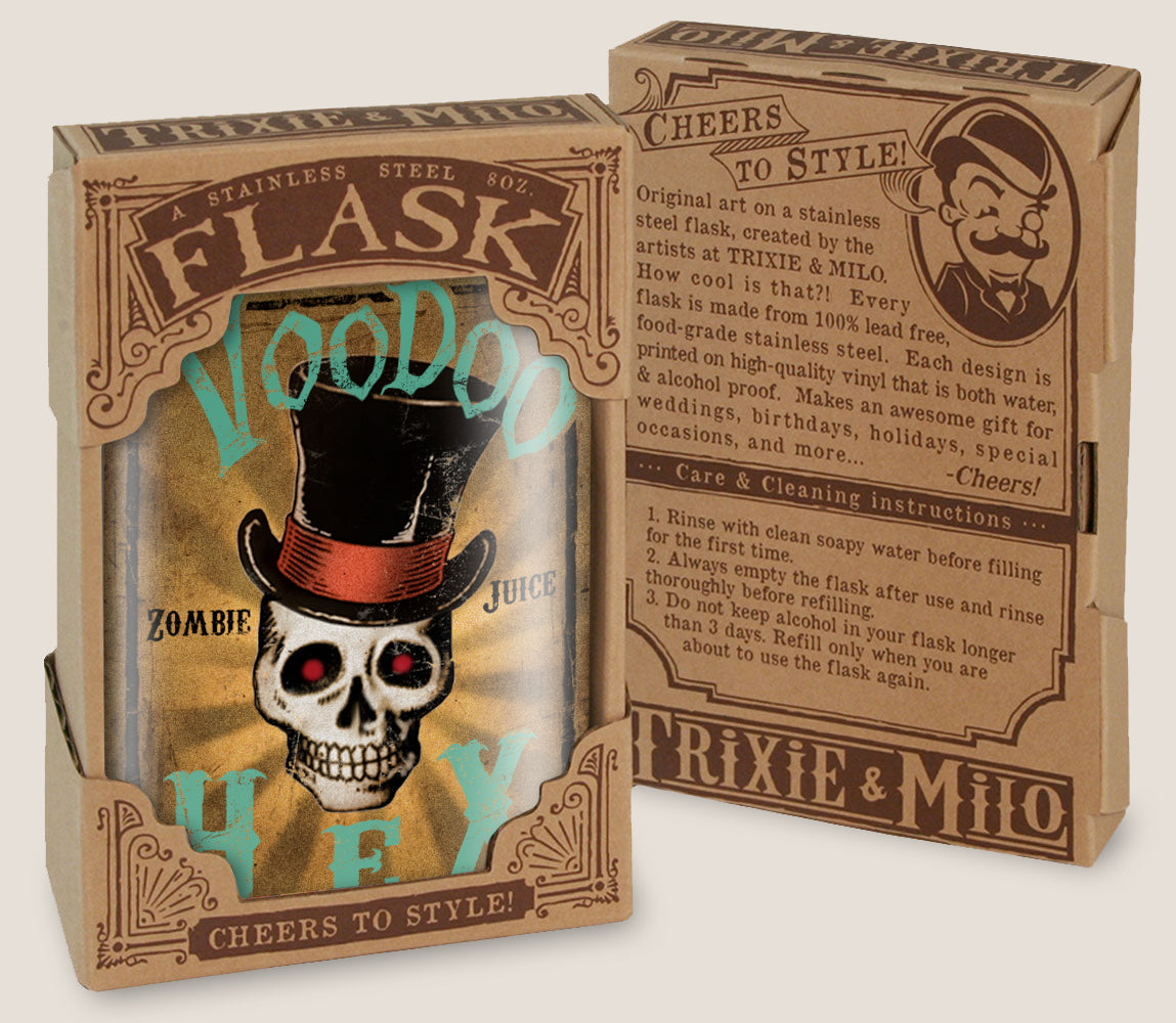 8 oz. Hip Flask: Voodoo Hex (Zombie Juice) Kick off every Halloween or spooky party with confidence. Cool stylish stainless steel drinking flask. Designed for durability and aesthetic appeal in gift box