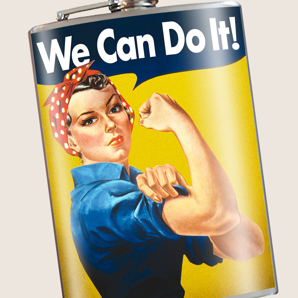 8 oz. Hip Flask: "We Can Do It!" - Rosie the Riveter Kick off every holiday or party with confidence. Cool stylish stainless steel drinking flask. Designed for durability and vintage aesthetic appeal.