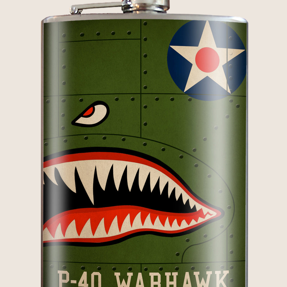 8 oz. Hip Flask: P-40 Warhawk Kick off every Veteran's Day or holiday party with confidence. Cool stylish stainless steel drinking flask. Designed for durability and aesthetic appeal.
