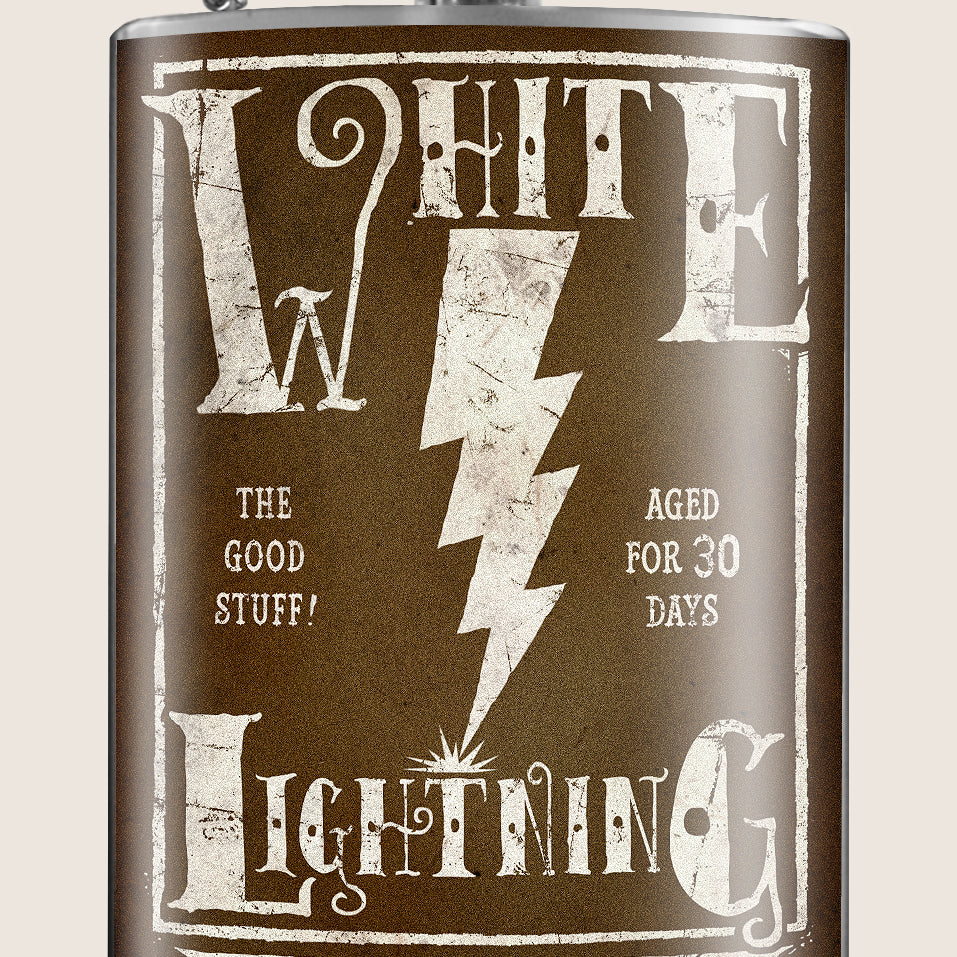 8 oz. Hip Flask: White Lightning Bootleggers Brand "The Good Stuff - Aged for 30 Days" Kick off every holiday or party with confidence. Cool stylish stainless steel drinking flask. Designed for durability and aesthetic appeal.