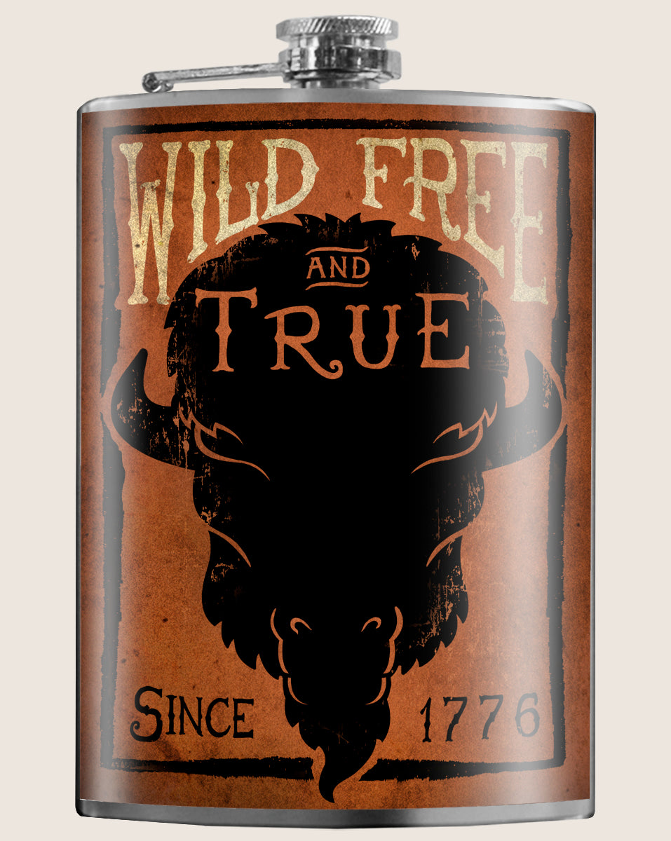 Wild, Free and True- Hip Flask Classic barware by Trixie & Milo. Buffalo flask. A perfect gift for men- creative barware idea, or bachelorette party gift.