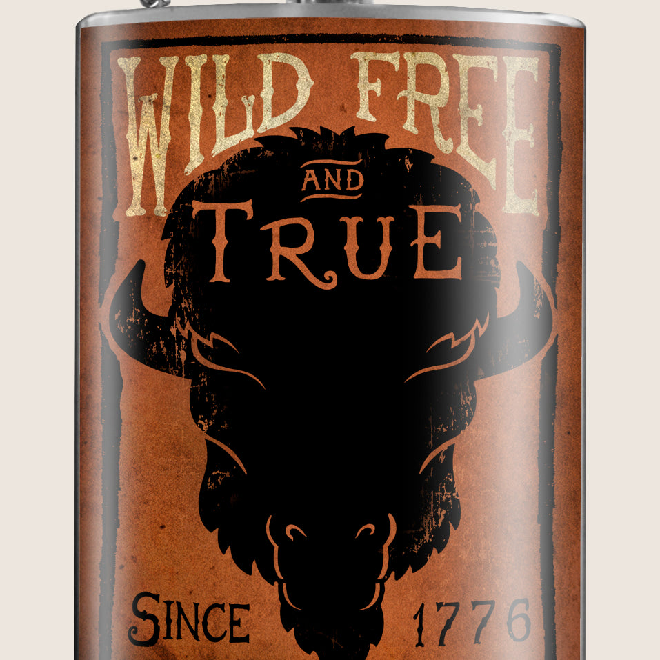 Wild, Free and True- Hip Flask Classic barware by Trixie & Milo. Buffalo flask. A perfect gift for men- creative barware idea, or bachelorette party gift.