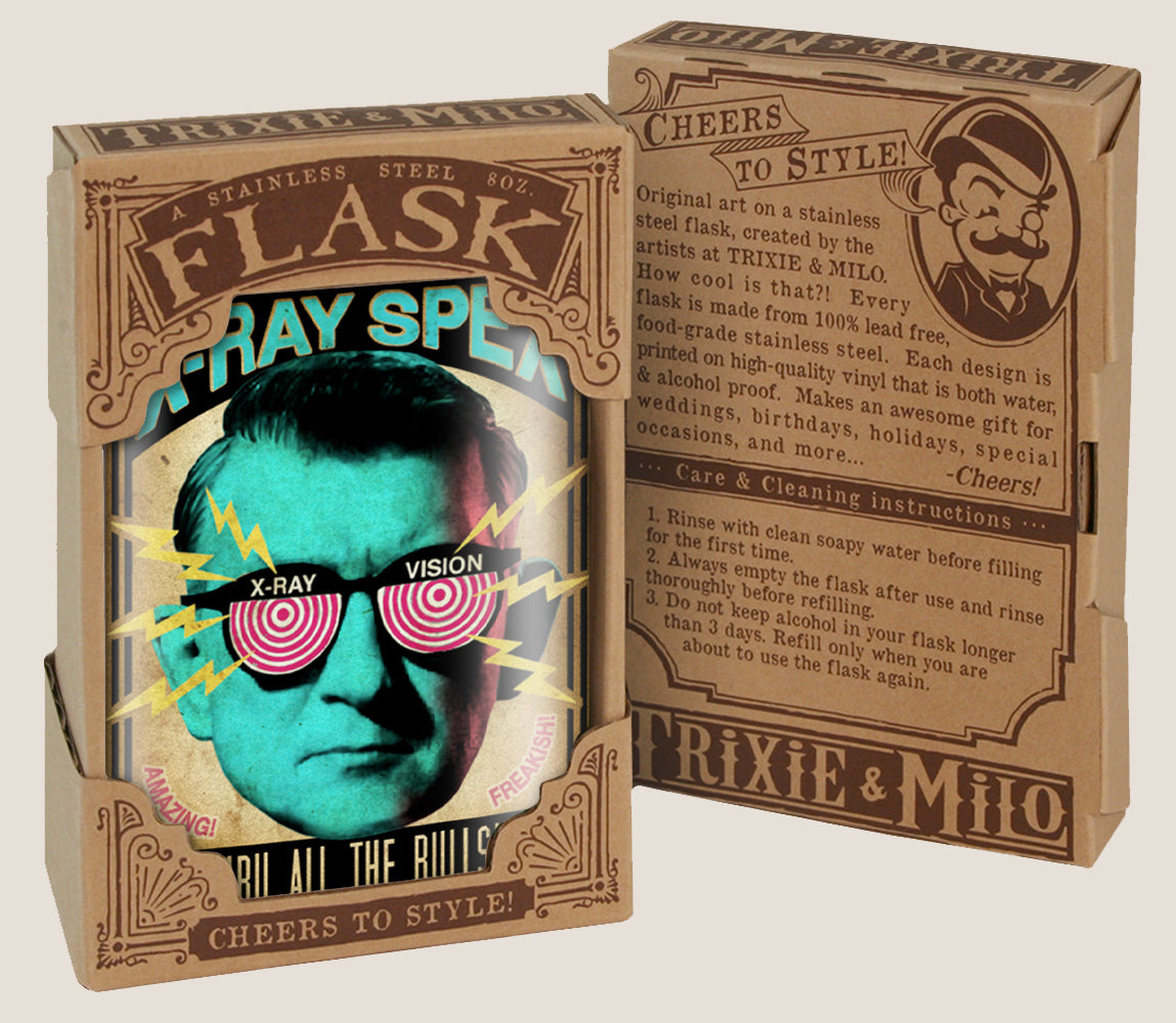 8 oz. Hip Flask: X-Ray Spex "See thru all the bullsh*t!!" Kick off every holiday or party with confidence. Cool stylish stainless steel drinking flask. Designed for durability and kitschy retro aesthetic appeal in gift box