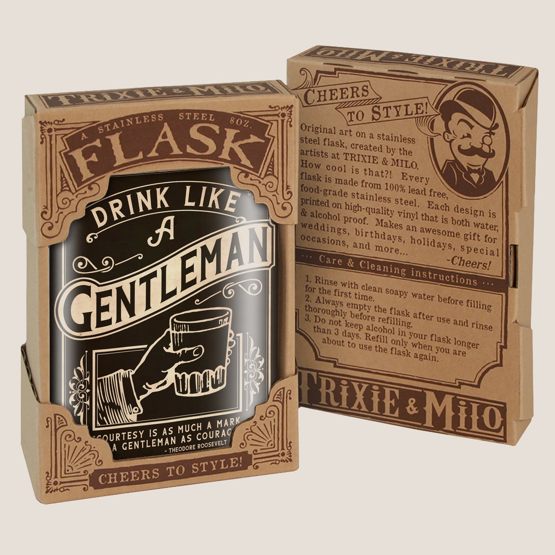 8oz Hip Flask: Drink Like A Gentleman Kick off every holiday or party with confidence. Cool stylish stainless steel drinking flask. Designed for durability and vintage aesthetic appeal in gift box