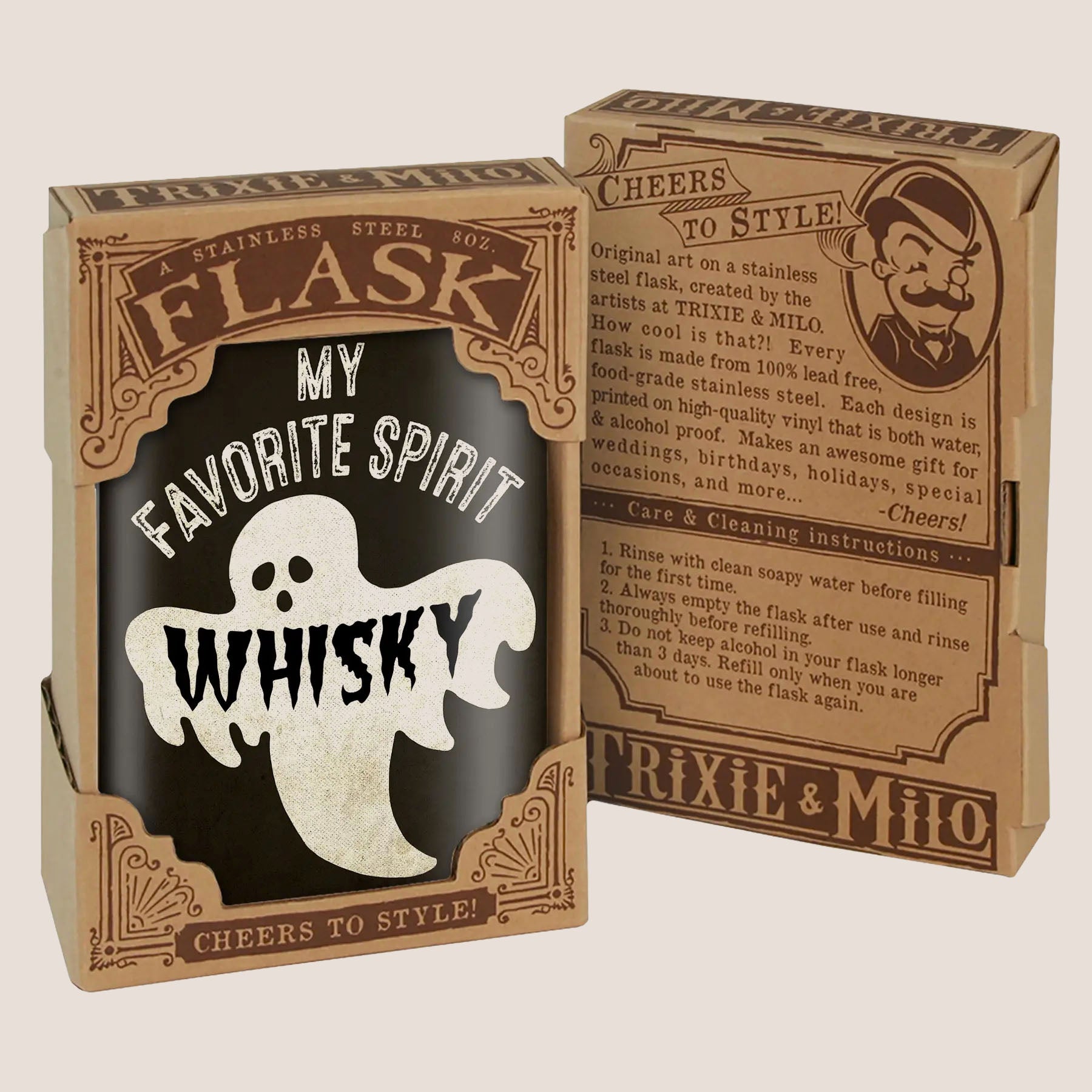 8 oz. Hip Flask: My Favorite Spirit is Whisky Kick off every Halloween or spooky party with confidence. Cool stylish stainless steel drinking flask. Designed for durability and aesthetic appeal in gift box