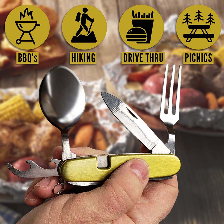 Hobo Knife Multifunction Camping Cookware Tool for outdoors, hiking, backpacking, camping or glamping! Equipped with stainless steel flatware, dishwasher safe, pocket sized and portable for on the go.