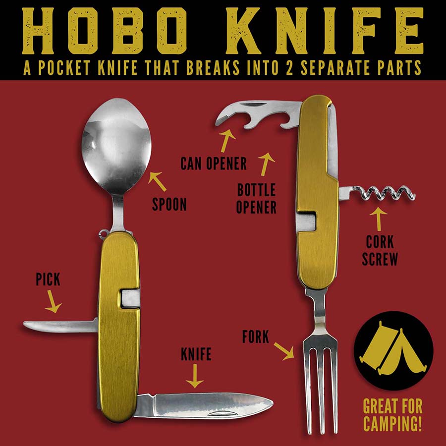 Hobo Knife Multifunction Camping Cookware Tool for outdoors, hiking, backpacking, camping or glamping! Equipped with stainless steel flatware, dishwasher safe, pocket sized and portable for on the go.