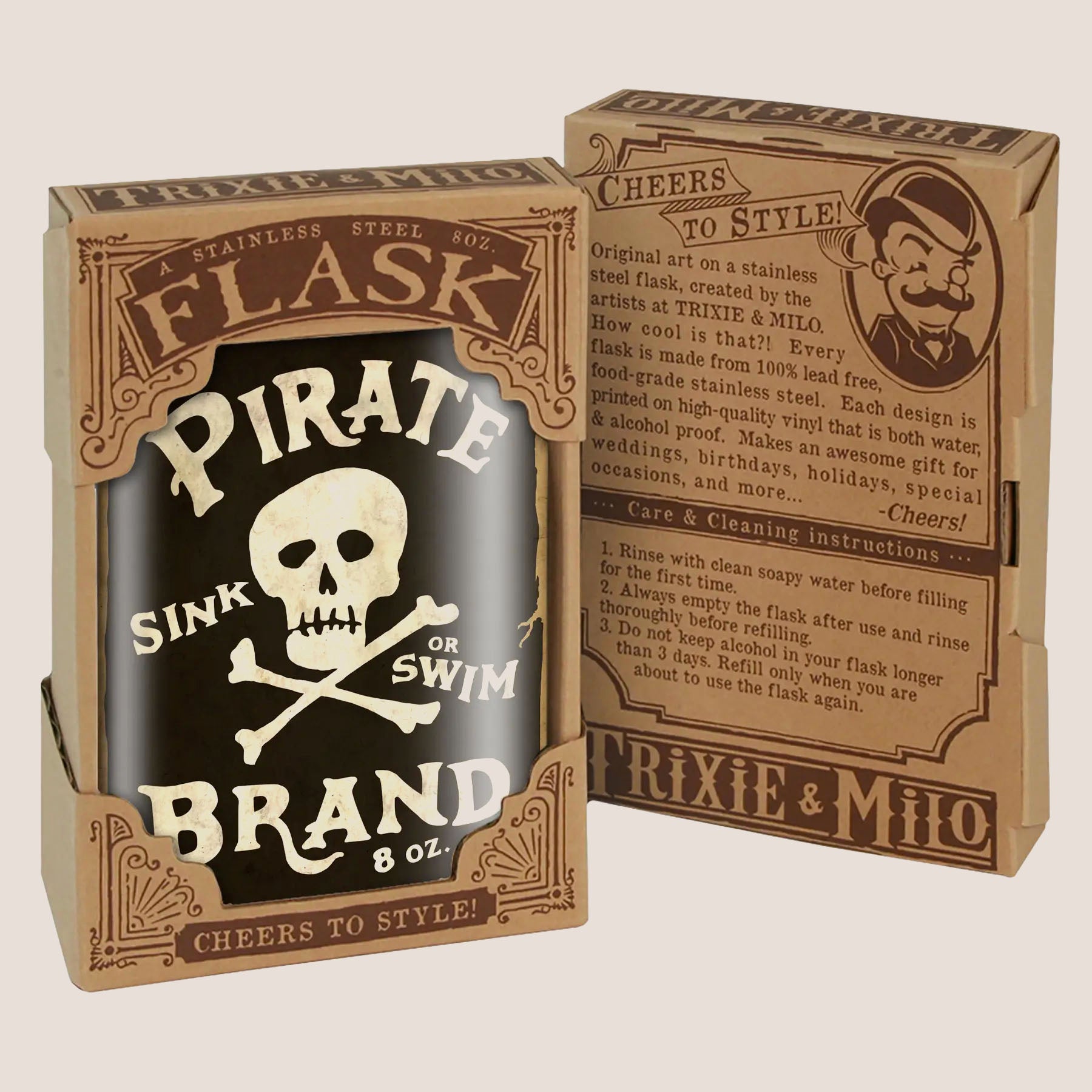 8 oz. Hip Flask: Pirate Brand, Sink or Swim Kick off every holiday or party with confidence. Cool stylish stainless steel drinking flask. Designed for durability and aesthetic appeal in gift box